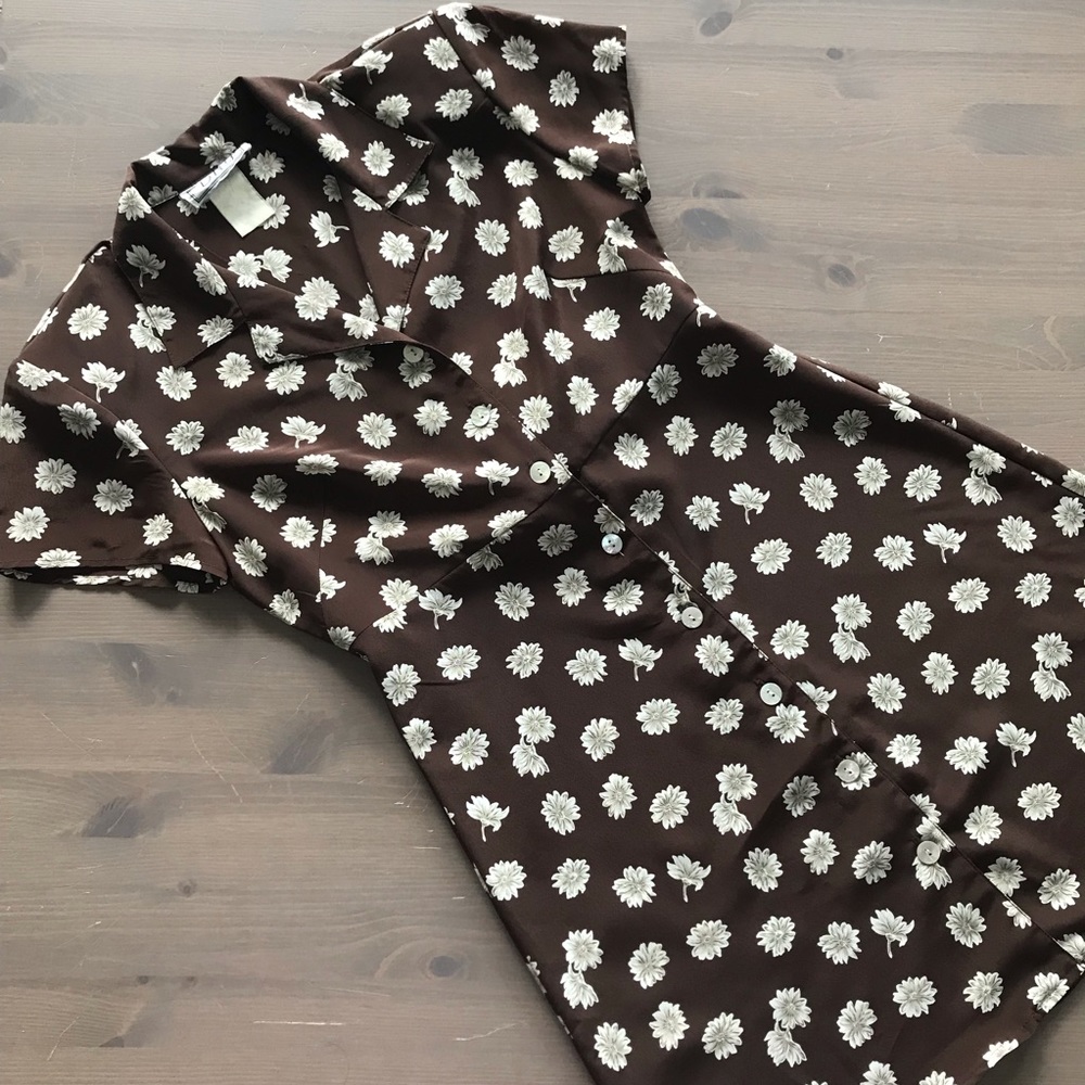 Vintage Brown Floral Button A Line Mini Dress